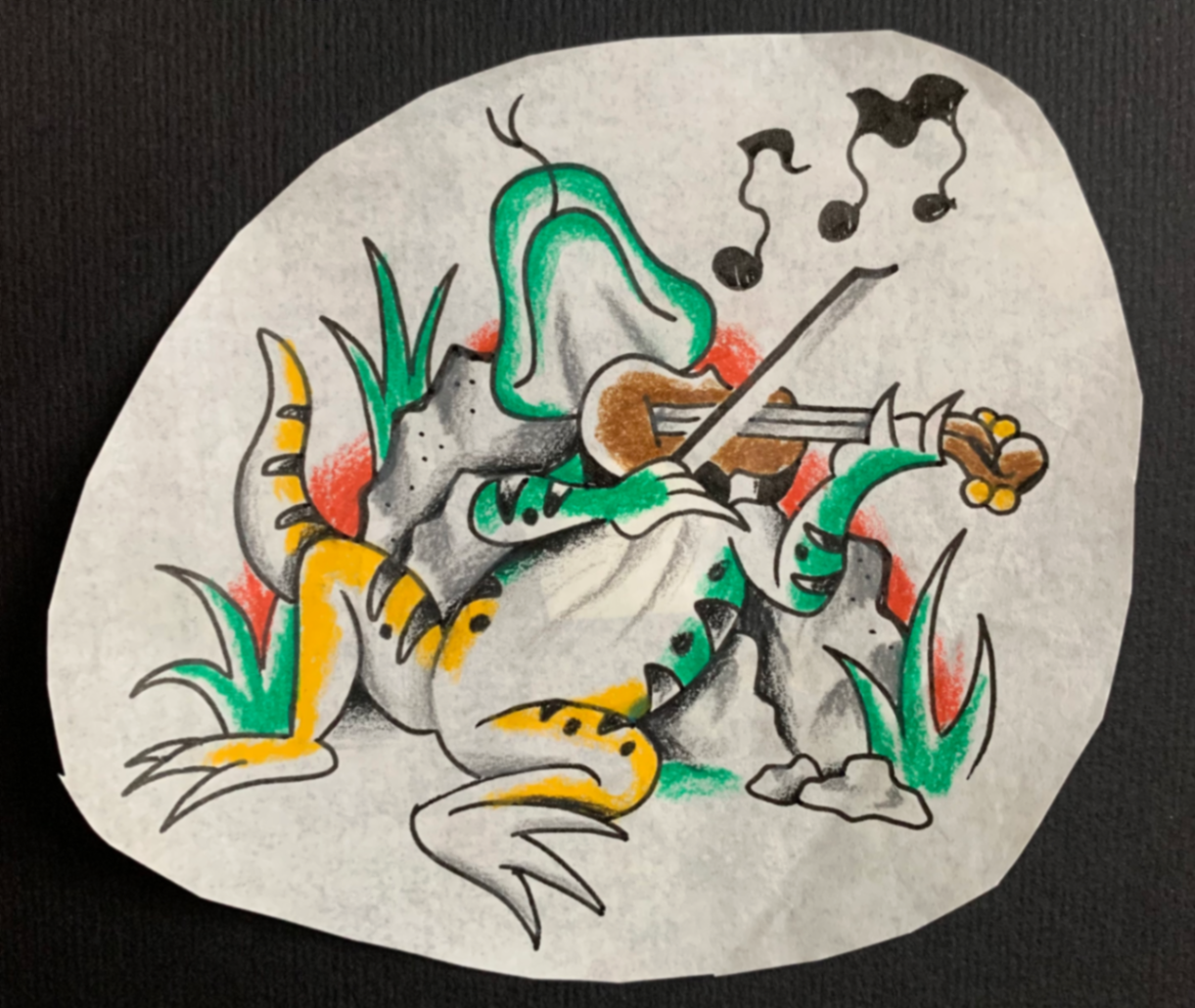 Lagarto echao de pana tocando el violín 